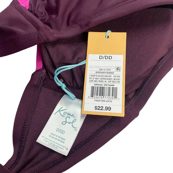 Kona Sol Bandeau Bikini Top Size D/DD Color Block Burgundy AG905D Removable Cups - Picture 5 of 5